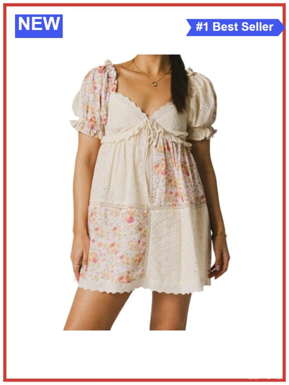 Floral Patchwork Babydoll Mini Dress Puff Sleeve V Neck A Line Y2K Sundress